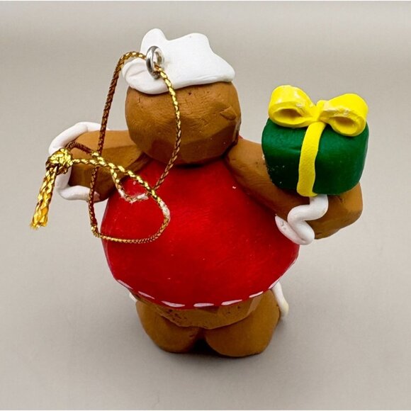 Vintage Gingerbread Man Christmas Tree Ornament Holding Gift Carved Clay Style - Picture 2 of 8